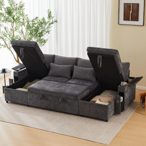 MODFU - Divano trasformabile modulare a U per 4-5 persone, con contenitore e portabicchieri, 272x131x84 cm, ciniglia/velluto a coste grigio