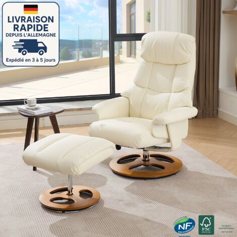 Modfu – Fauteuil relax ergonomique avec massage 5 points – Chauffage électrique – Base ronde en bois – Rotation 360° – Tissu PU beige