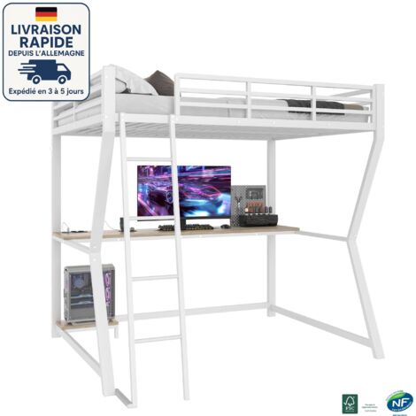 MODFU - Letto 90×200cm - Letto a soppalco per adulti e bambini 140x200cm, con LED e tavolo, presa + USB, anticaduta, senza materasso, metallo, bianco
