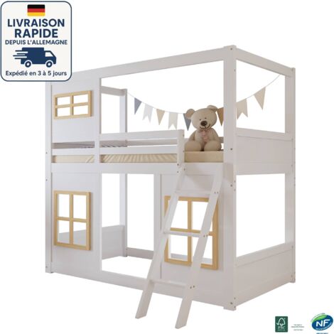 MODFU - Letto a castello in legno per bambini 90x200cm 2 persone, letto a soppalco, protezione anticaduta, senza materasso, bianco