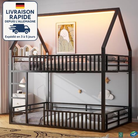 MODFU - Letto a castello in metallo 140×200cm per bambini e adulti, 2 persone, con LED, senza materasso, anticaduta, nero