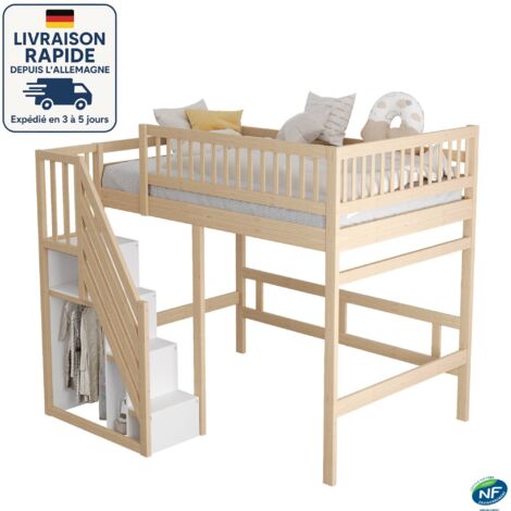 MODFU - Letto a soppalco in legno 140×200cm, letto per adulti e bambini, con armadio e scaletta portaoggetti, anticaduta, senza materasso, naturale