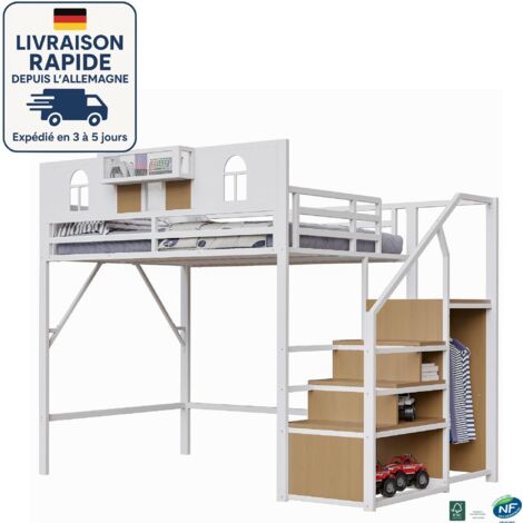 MODFU - Letto a soppalco in metallo 140x200cm, letto per adulti e bambini con scala contenitore e armadio, protezione anticaduta, bianco+naturale
