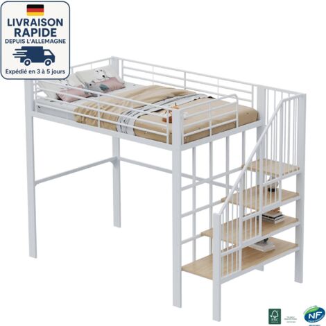 MODFU - Letto a soppalco in metallo 140x200cm per bambini e adulti con scaletta contenitore, anticaduta, senza materasso, bianco