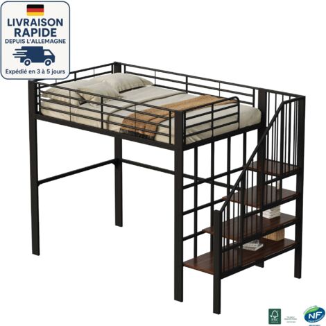 MODFU - Letto a soppalco in metallo 140x200cm per bambini e adulti con scaletta contenitore, anticaduta, senza materasso, nero