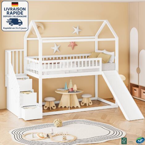 MODFU - Letto a soppalco per bambini 90x200cm con scivolo e scaletta contenitore, letto singolo/adolescente, anticaduta, MDF, senza materasso, bianco