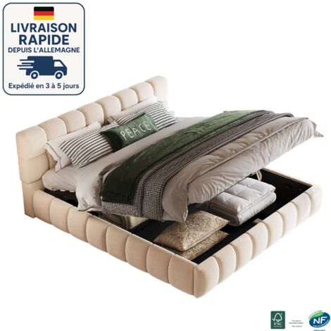 MODFU - Letto contenitore per adulti 140x190cm, idraulico, letto matrimoniale imbottito, velluto, senza materasso, beige