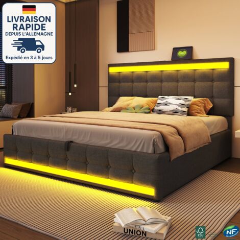 MODFU - Letto contenitore per adulti 180x200cm con LED, idraulico, letto imbottito, porta USB, rete a doghe, senza materasso, lino, grigio