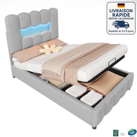 MODFU - Letto contenitore per bambini 90×200cm, con LED, letto imbottito, testiera regolabile in altezza, senza materasso, velluto, grigio
