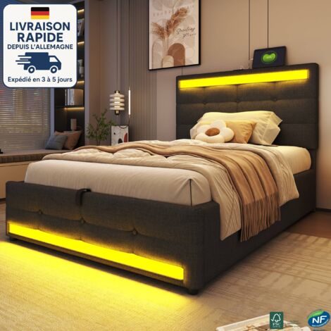 MODFU - Letto contenitore per bambini 90x200cm con LED, idraulico, letto imbottito, porta USB, rete a doghe, senza materasso, lino, grigio