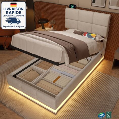 MODFU - Letto per adulti, letto contenitore, velluto, testiera regolabile, illuminazione LED ambientale, porta USB/Type-C, vano contenitore con sollevamento idraulico (materasso non incluso) 90x200 cm