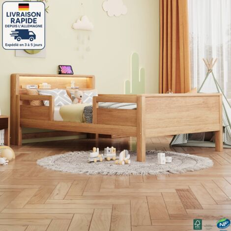 MODFU - Letto per bambini 90×200cm, testiera con contenitore, USB+Type-C, letto singolo LED, pino, senza materasso, naturale
