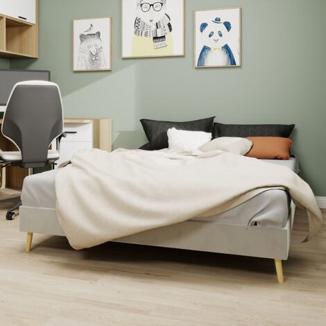 MODFU-Lit adulte 140x200 cm, pieds métal, sommier à lattes, sans tête de lit et matelas, velours, beige