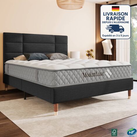 MODFU - Lit adulte 140x200cm, lit double rembourré, avec tête de lit réglable en hauteur, sommier à lattes, matelas inclus, velours, gris