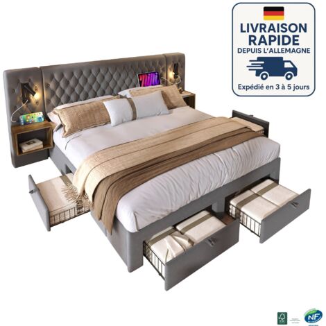 MODFU - Lit adulte 160x200cm avec 2 tables de chevet, 4 tiroirs, 2 lampes de lecture, USB+Type-C, lit double rembourré, sans matelas, velours, gris