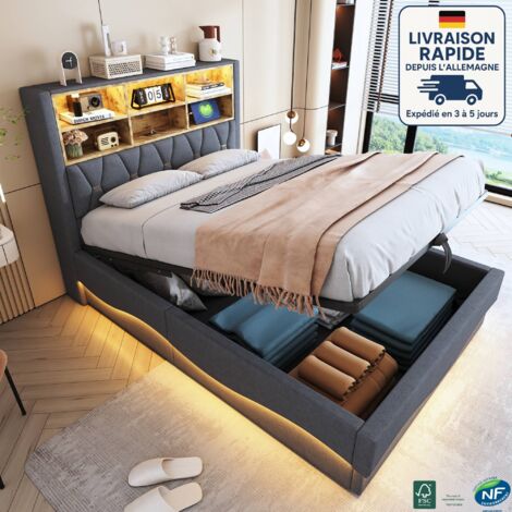 MODFU - Lit coffre 140×200cm avec LED, lit adulte, tête de lit coffre, port USB, sommier à lattes tapissier, sans matelas, lin, gris