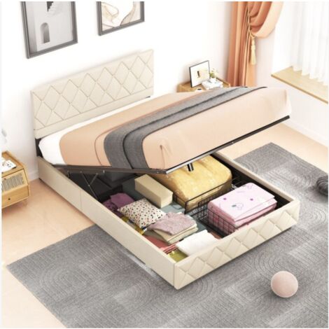 Modfu – Lit coffre 140x190 cm avec sommier à lattes – Tissu velours beige – Rangement hydraulique – Capacité 250 kg – Design moderne