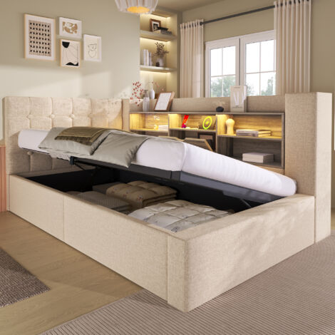 MODFU - Lit coffre 90x190 cm LED, Lit enfant, hydraulique, tête L réversible avec rangement, lin, ports USB, sans matelas, beige