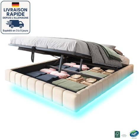 MODFU - Lit coffre adulte 160×200cm, hydraulique, avec LED, sommier à lattes tapissé, sans tête de lit, sans matelas, lin, beige