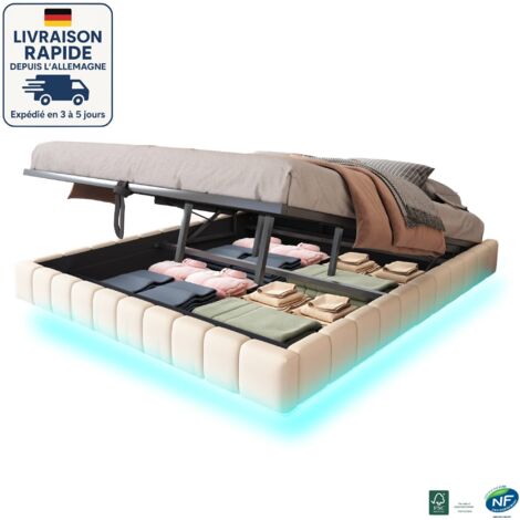 MODFU - Lit coffre adulte 180×200cm, hydraulique, avec LED, sommier à lattes tapissé, sans tête de lit, sans matelas, lin, beige