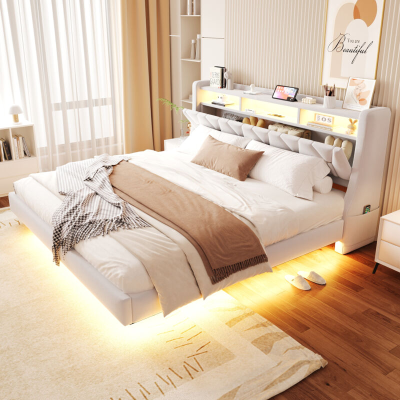 MODFU - Lit coffre adulte 180x200 cm avec coffre hydraulique, LED, Tête de lit pliante avec rangement, prises USB/Type-C, velours beige