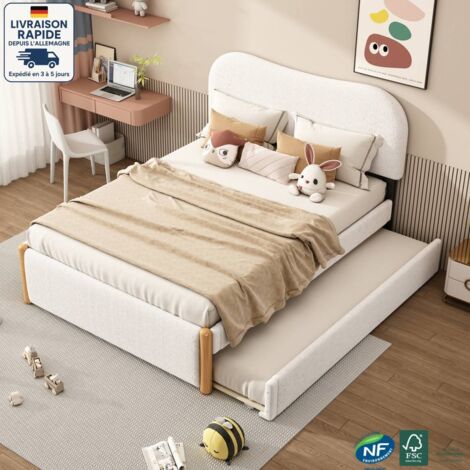 Modfu – Lit gigogne 140x200 cm – Tissu bouclé blanc – Dimensions intérieures 90x190 cm – Capacité 200 kg – Assemblage requis