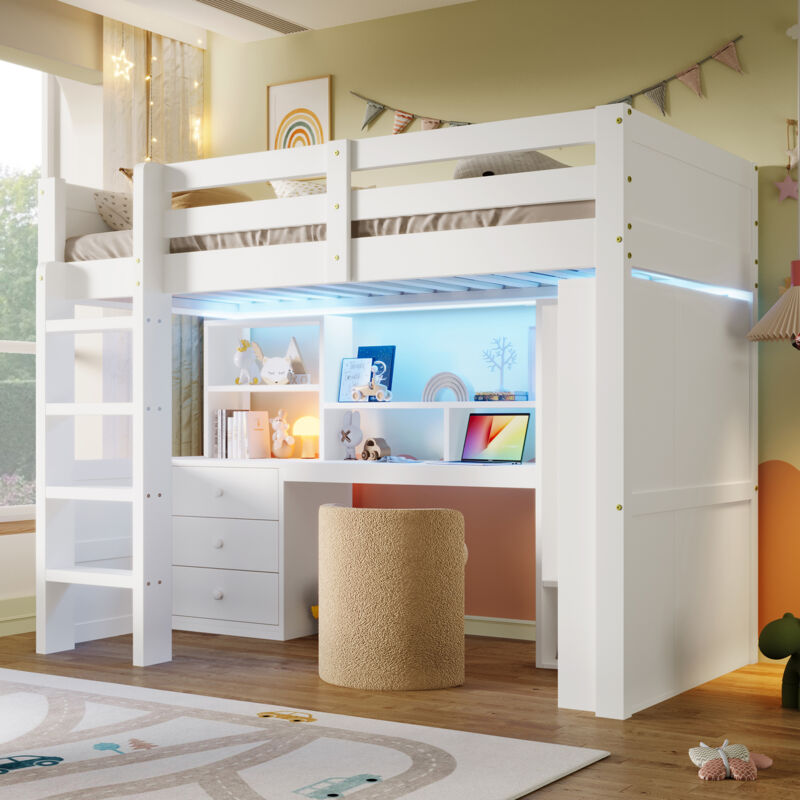 MODFU - Lit mezzanine enfant 90×200 cm avec LED, armoire intégrée, bureau et 3 tiroirs, antichute, pin blanc