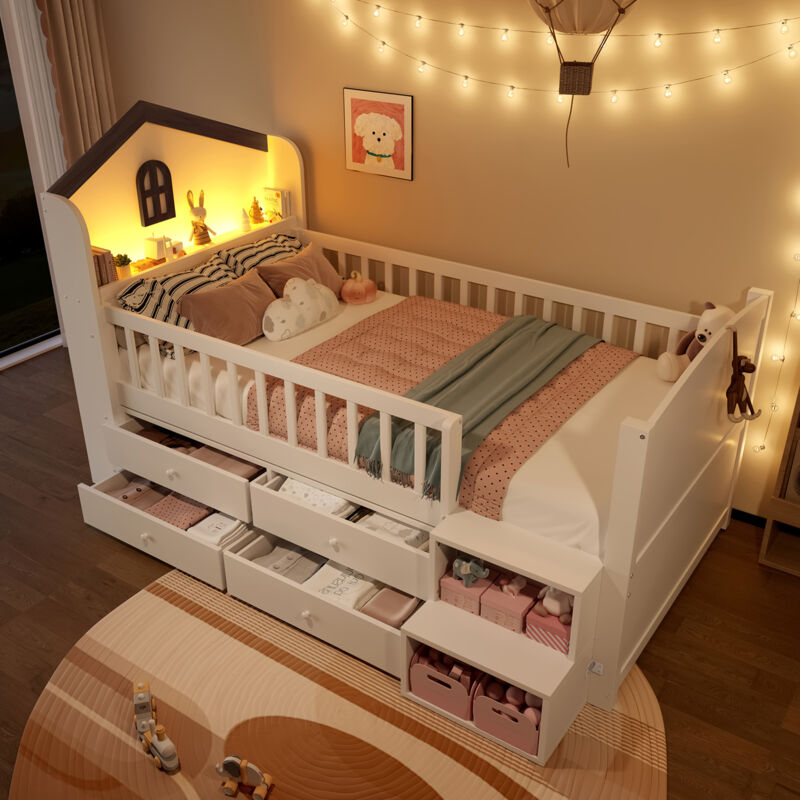 MODFU-Lit mezzanine enfant 90x200cm avec échelle de rangement, 4 tiroirs, LED, forme maison, antichute, sans matelas, pin, blanc