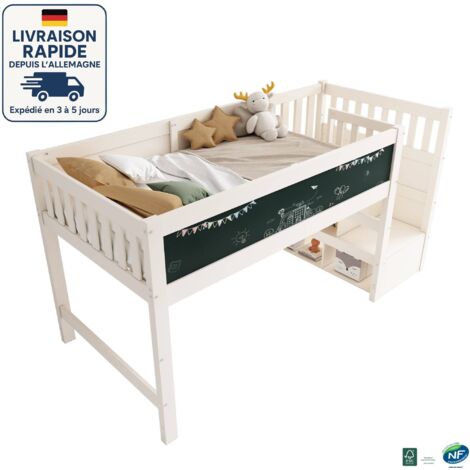 MODFU - Lit mezzanine enfant 90x200cm avec tableau noir, échelle de rangement, sommier à lattes, sans matelas, antichute, MDF, blanc