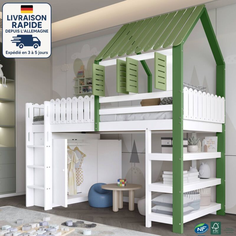 MODFU - Lit mezzanine enfant en bois 90×200cm avec rangement, lit cabane, penderie et étagères, sans matelas, antichute, blanc + vert
