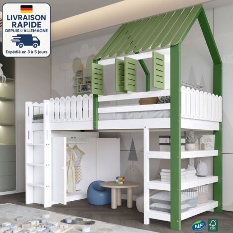 MODFU - Lit mezzanine enfant en bois 90×200cm avec rangement, lit cabane, penderie et étagères, sans matelas, antichute, blanc + vert
