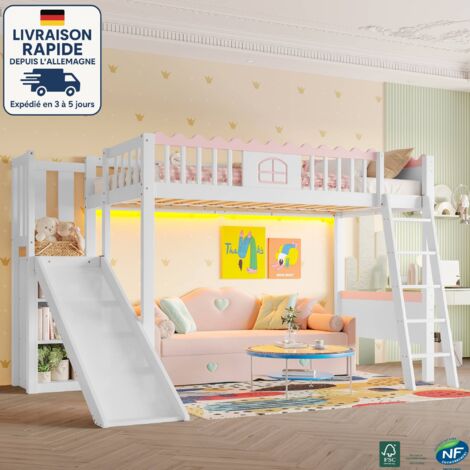 MODFU - Lit mezzanine enfant en bois 90x200cm avec LED, sans matelas, blanc, 2 étagères + 1 toboggan
