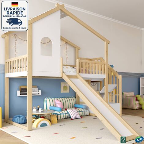 MODFU - Lit mezzanine enfant en bois 90x200cm, lit cabane, avec échelle de rangement et toboggan, antichute, sans matelas, blanc+naturel