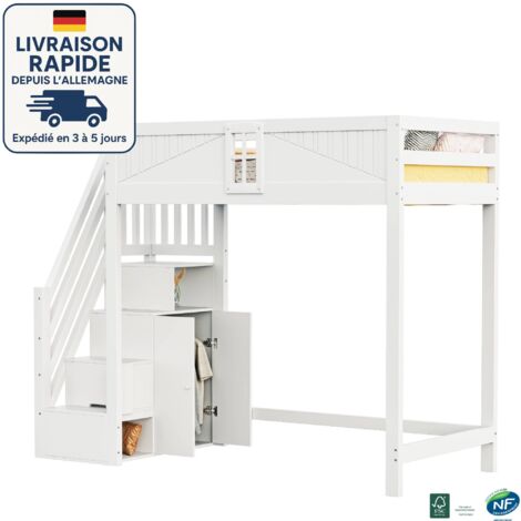 MODFU - Lit mezzanine enfant en bois 90x200cm, sans matelas, antichute, blanc, avec échelle de rangement et penderie