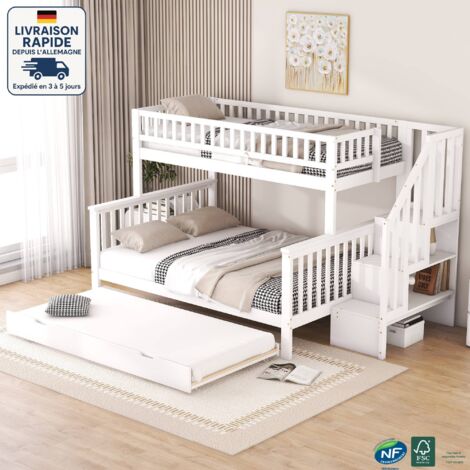Modfu – Lit superposé 90x200cm avec lit gigogne – En pin massif – Escalier avec rangement – Blanc – Dimensions totales 253x240x160cm