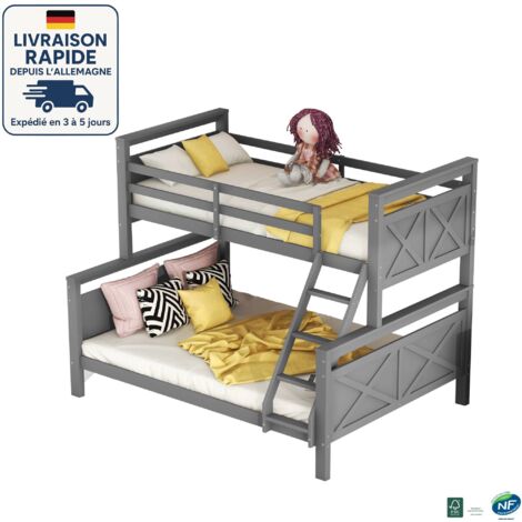 MODFU - Litera infantil 90/140x200cm 3 personas, cama juvenil, sin colchón, pino, anticaída, gris