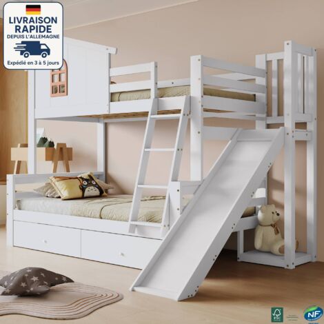 MODFU - Litera infantil de madera 90/120x200cm 2 personas, camarote, con tobogán y 2 cajones, sin colchón, anticaída, color blanco