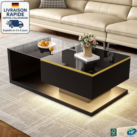 MODFU - Mesa de centro de cristal LED con espacio de almacenamiento abierto, mesa auxiliar para salón y dormitorio, 90 x 50 x 32 cm, color negro
