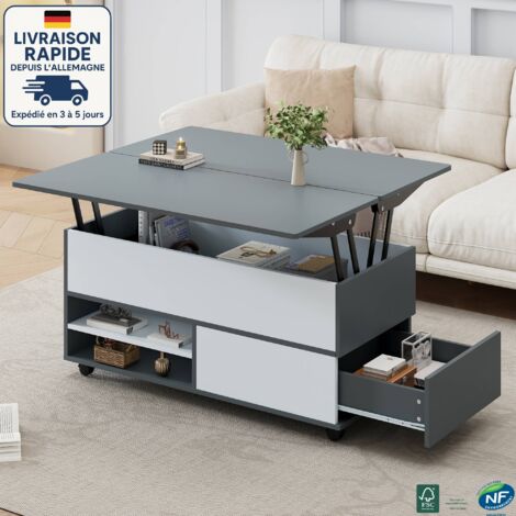 MODFU - Mesa de centro elevable con ruedas y almacenaje abierto, 100×98×65cm, 1 puerta 1 cajón, gris + blanco
