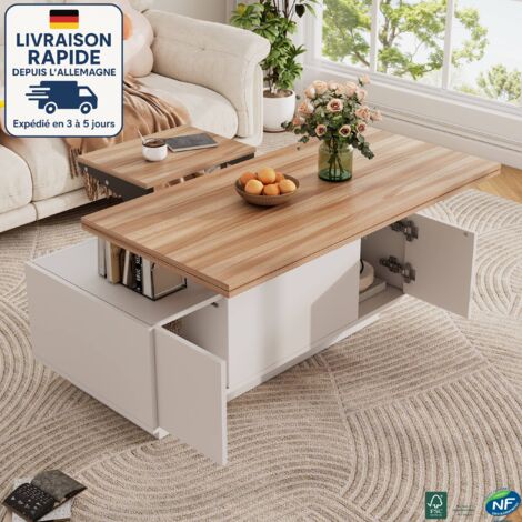 MODFU - Mesa de centro elevable rectangular con almacenaje, 2 puertas, 100×50×43cm, color blanco + natural