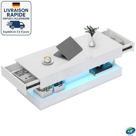 MODFU - Mesa de centro LED blanca con espacio de almacenamiento, 2 cajones, mesita de noche, ideal para salón y dormitorio, 120 × 50 × 42 cm