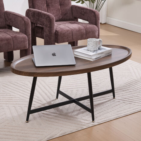 MODFU - Mesa de centro, mesa auxiliar para sofá de salón o dormitorio, patas metálicas, MDF, 110×55×45,5 cm, ovalada, marrón