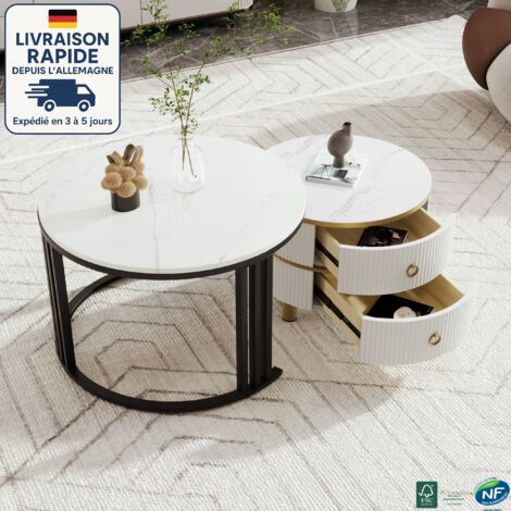 MODFU - Mesa de centro nido 2 en 1, chapa de mármol, mesa auxiliar para sofá, 70×70×46 + 50×50×40 cm, MDF, blanco