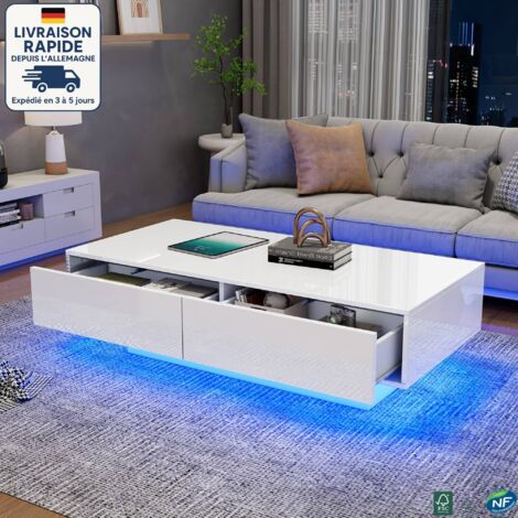 MODFU - Mesa de centro rectangular blanca brillante con LED, 2 cajones, 115 x 55 x 34 cm, para dormitorio y salón