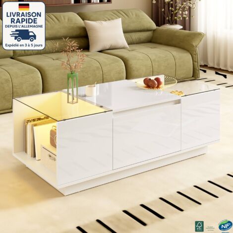 MODFU - Mesa de centro rectangular LED con almacenaje, 2 cajones, tapa de cristal, 105×50×35 cm, blanco