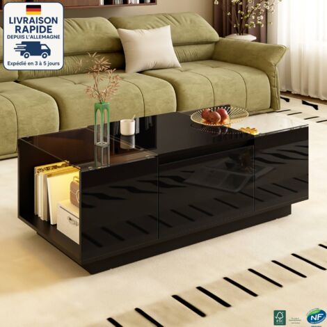 MODFU - Mesa de centro rectangular LED con almacenaje, 2 cajones, tapa de cristal, 105×50×35 cm, color negro