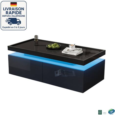 MODFU - Mesa de centro rectangular LED con espacio de almacenamiento, 2 cajones, mesa auxiliar brillante para salón/dormitorio, 95×45×35 cm, color negro