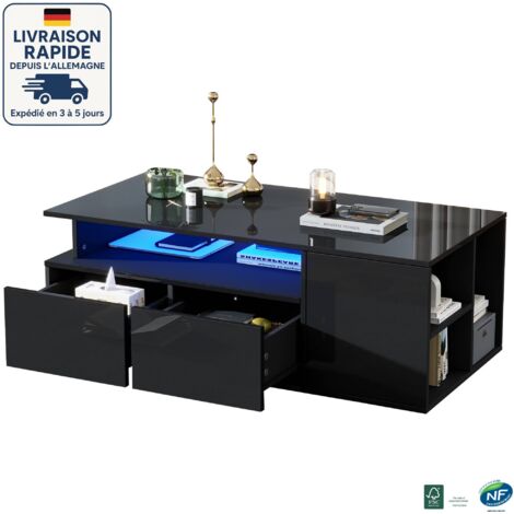 MODFU - Mesa de centro rectangular LED con espacio de almacenamiento, 2 cajones, mesita de noche para salón/dormitorio, 100×50×35 cm, color negro