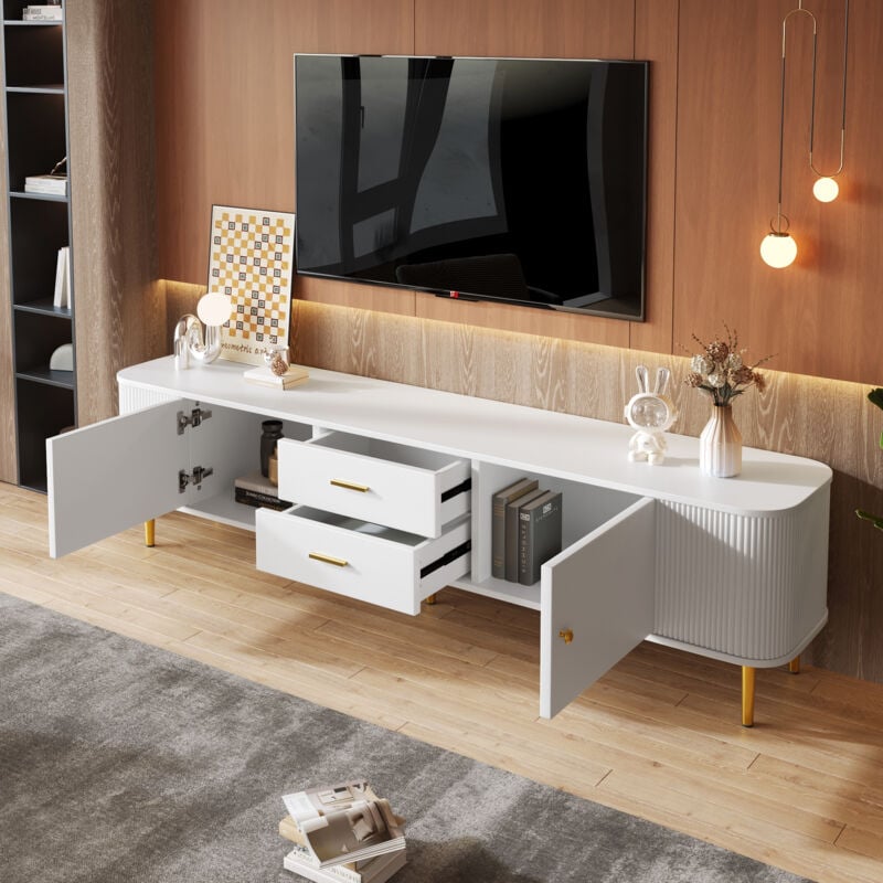 Meuble tv 170x34x45cm avec 2 tiroirs 2 portes, coins arrondis, poignées et pieds dorés, mdf, blanc - Modfu