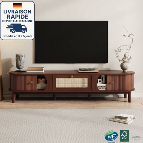 Modfu – Meuble TV 170x39,5x38cm – 1 tiroir et 2 portes – Design rotin et bois massif – Convient pour TV 60 pouces – Couleur noyer